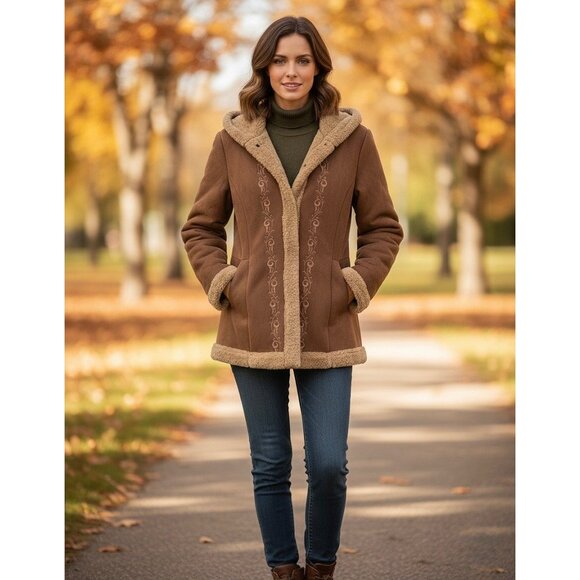 Esprit Jackets & Blazers - Vintage 90s Esprit Brown Faux Suede Sherpa Lined Embroidered Hooded Boho Jacket